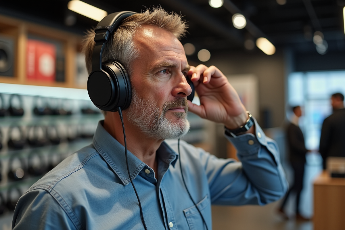 Homme d age moyen essayant des headphones en magasin audio