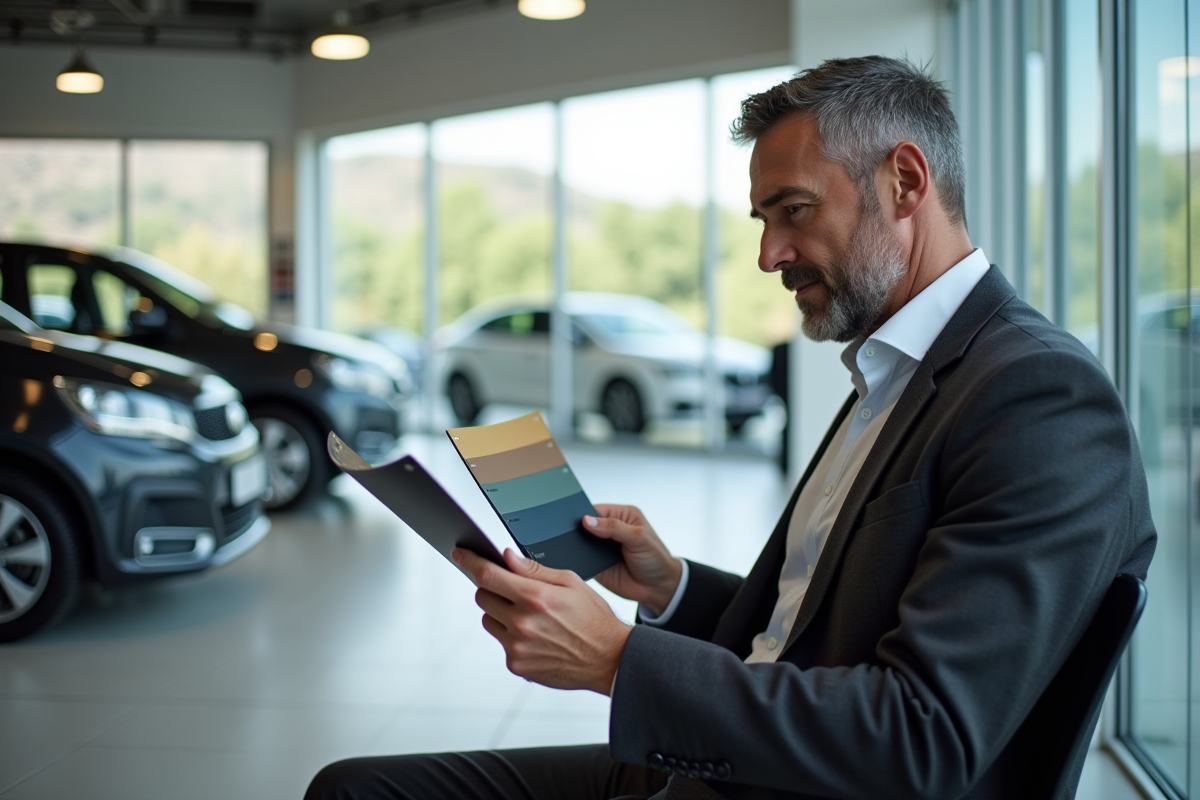 Homme comparant des échantillons de couleur dans un showroom