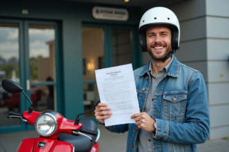 Jeune homme souriant avec moto et documents officiels