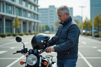 Homme en blouson moto en ville avec casque et moto