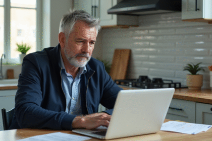 Homme d'âge moyen regardant un site d'immatriculation voiture
