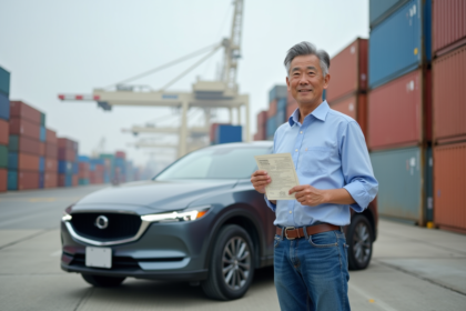 Homme japonais avec voiture portuaire et containers