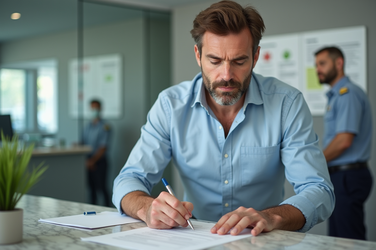 Homme remplissant un formulaire de permis dans un bureau moderne