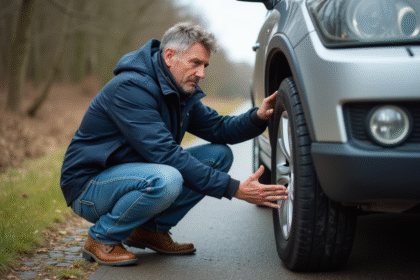 Homme en jean et veste marine examine un pneu crevé sur la route
