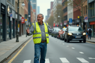Homme en gilet de sécurité près d'un passage piétons en ville