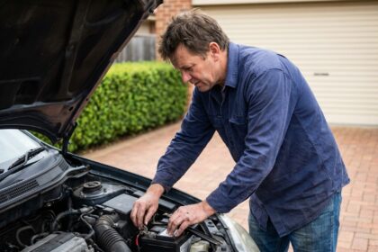 Homme d'âge moyen inspectant une batterie de voiture sous le capot