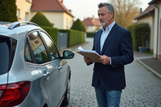 Homme d age moyen vérifiant documents d assurance voiture