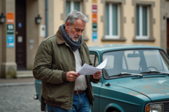 Homme d'âge moyen étudie des papiers devant une voiture ancienne