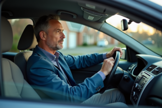 Homme d'âge moyen dans sa voiture en réflexion