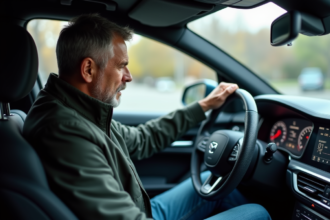 Homme moyenâgeux regardant le tableau de bord de sa voiture