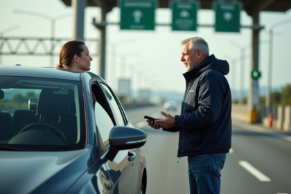 Homme d'âge moyen parlant à une opératrice de péage sur une aire moderne