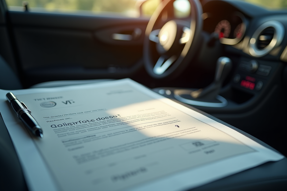 Intérieur de voiture avec carte grise et stylo sur le tableau de bord