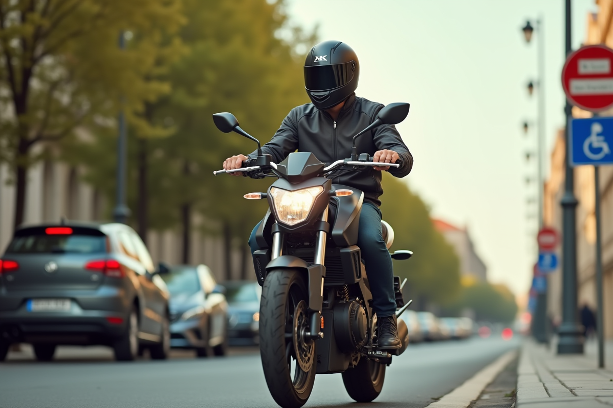 Jeune adulte roulant en moto 125cc en ville avec casque