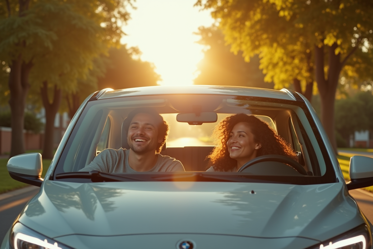 Jeune couple conduisant une voiture compacte dans un quartier ensoleille