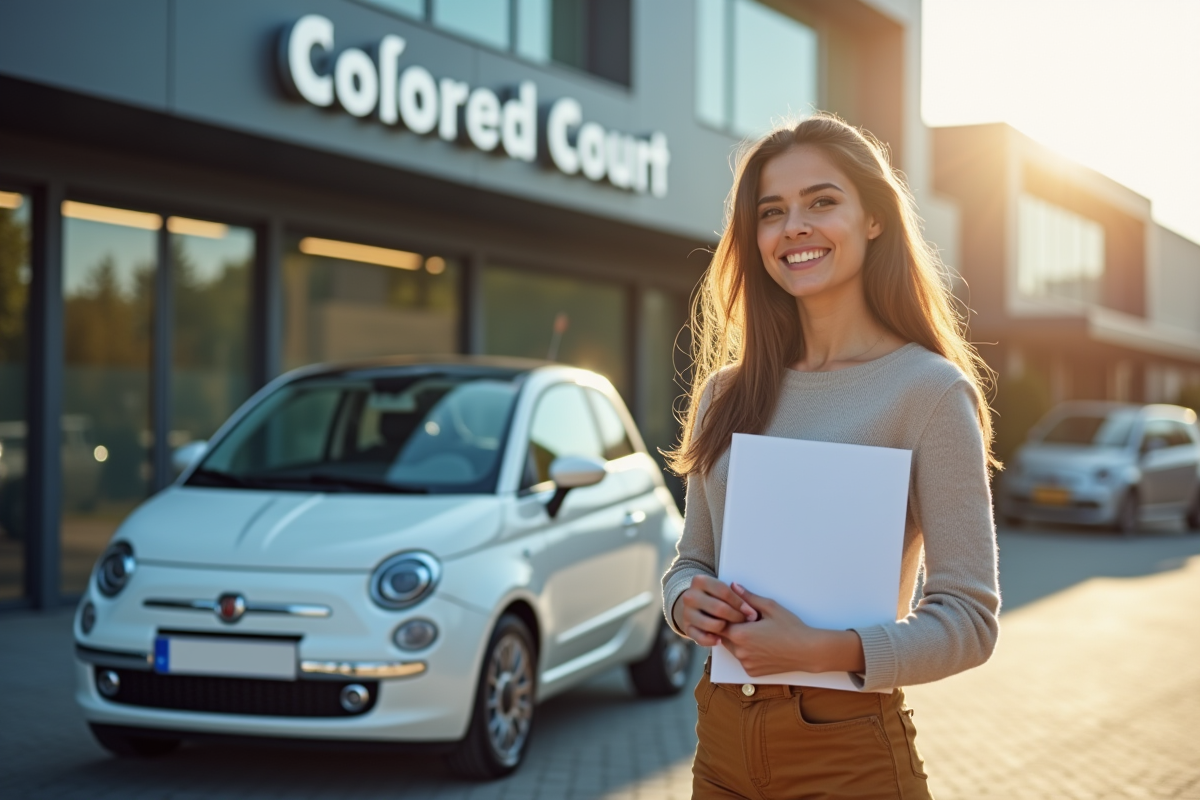Jeune femme souriante avec voiture sans plaque devant agence