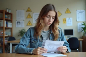 Jeune femme en classe d'auto ecole avec documents