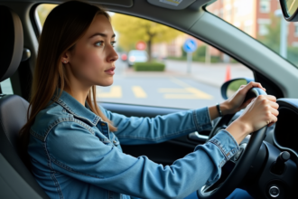Jeune femme concentrée au volant d'une voiture en ville
