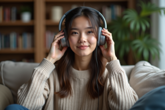 Jeune femme en sweater ajustant ses headphones dans un salon chaleureux