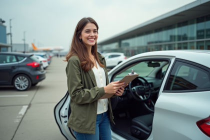 Jeune femme souriante près d'une voiture de location à l'aéroport