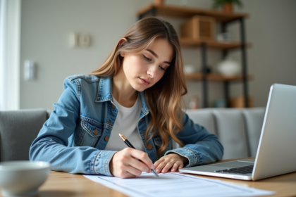 Jeune femme concentrée remplissant papiers de voiture