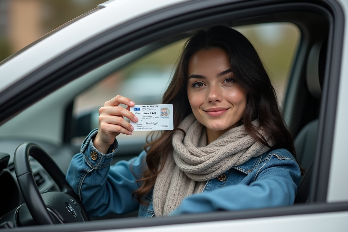 Jeune femme avec permis de conduire dans une voiture en ville
