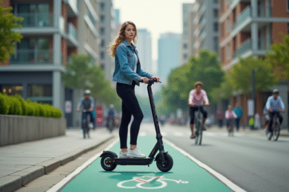 Jeune femme en denim roulant en scooter en ville