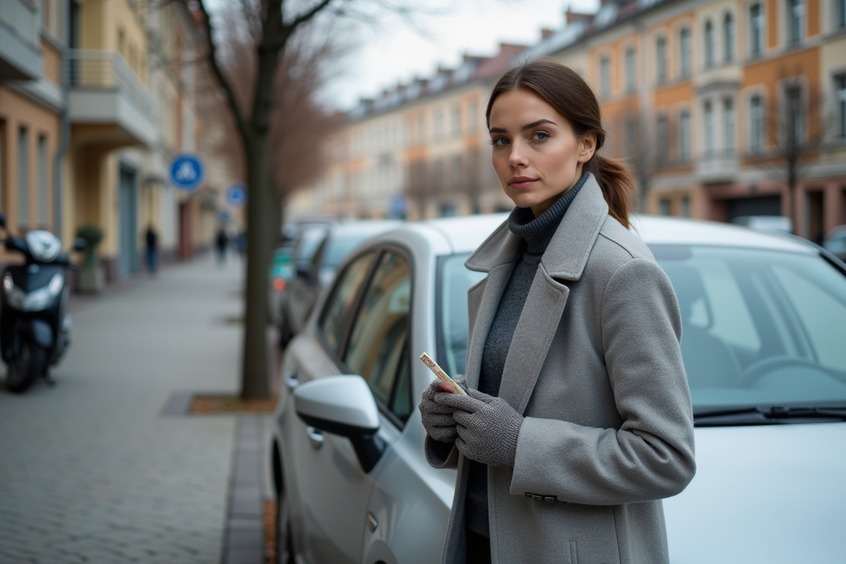 Jeune femme regarde le pare-brise avec vignette d
