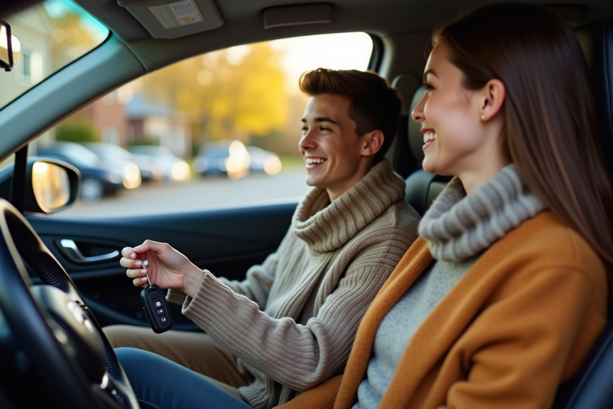 Jeune garçon et sa mère dans la voiture familiale automne