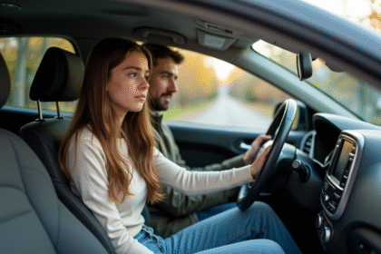 Jeune fille de 17 ans dans une voiture familiale avec son père