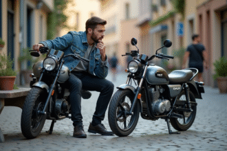 Jeune homme en denim avec motos Dax 125cc en ville