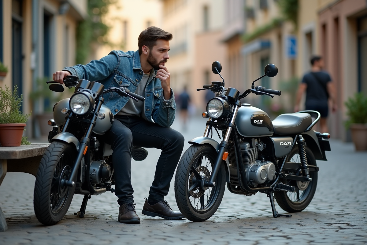 Jeune homme en denim avec motos Dax 125cc en ville