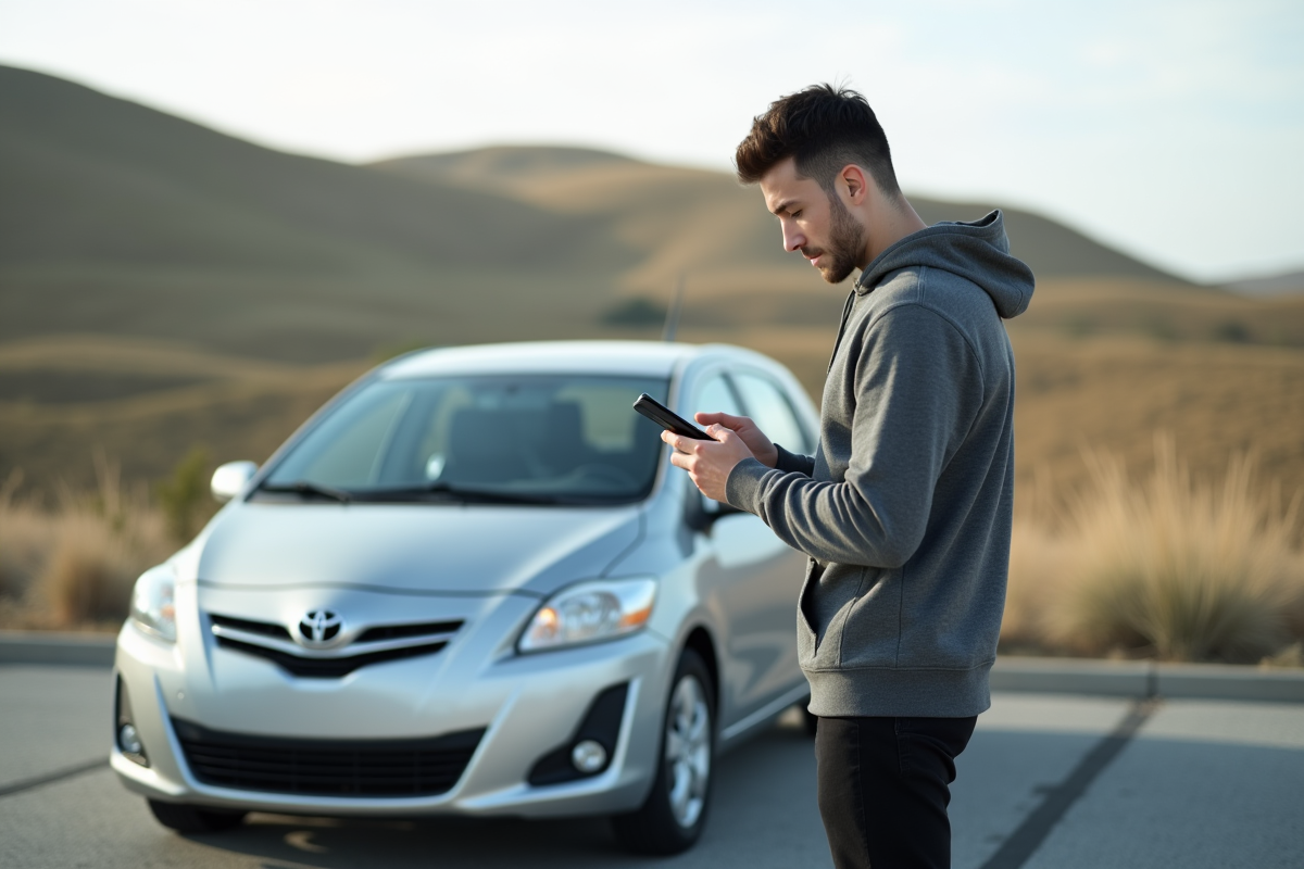 Jeune homme consulte son GPS à côté de sa voiture sur la route