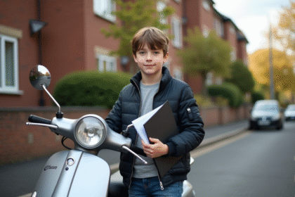 Jeune garçon avec scooter et dossier devant école de conduite