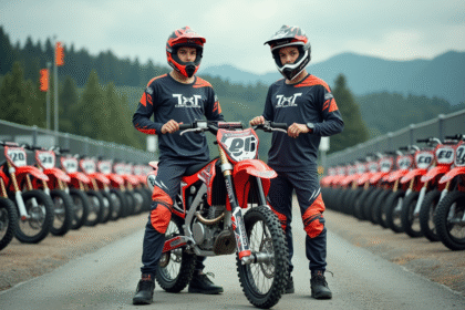 Jeune homme motocross avec moto sur lot en extérieur