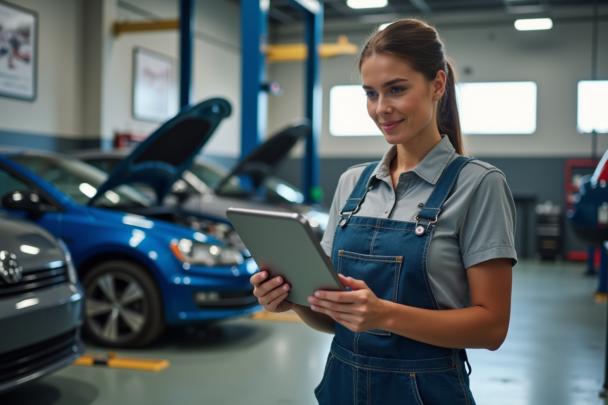 Jeune technicienne auto avec tablette dans un garage moderne