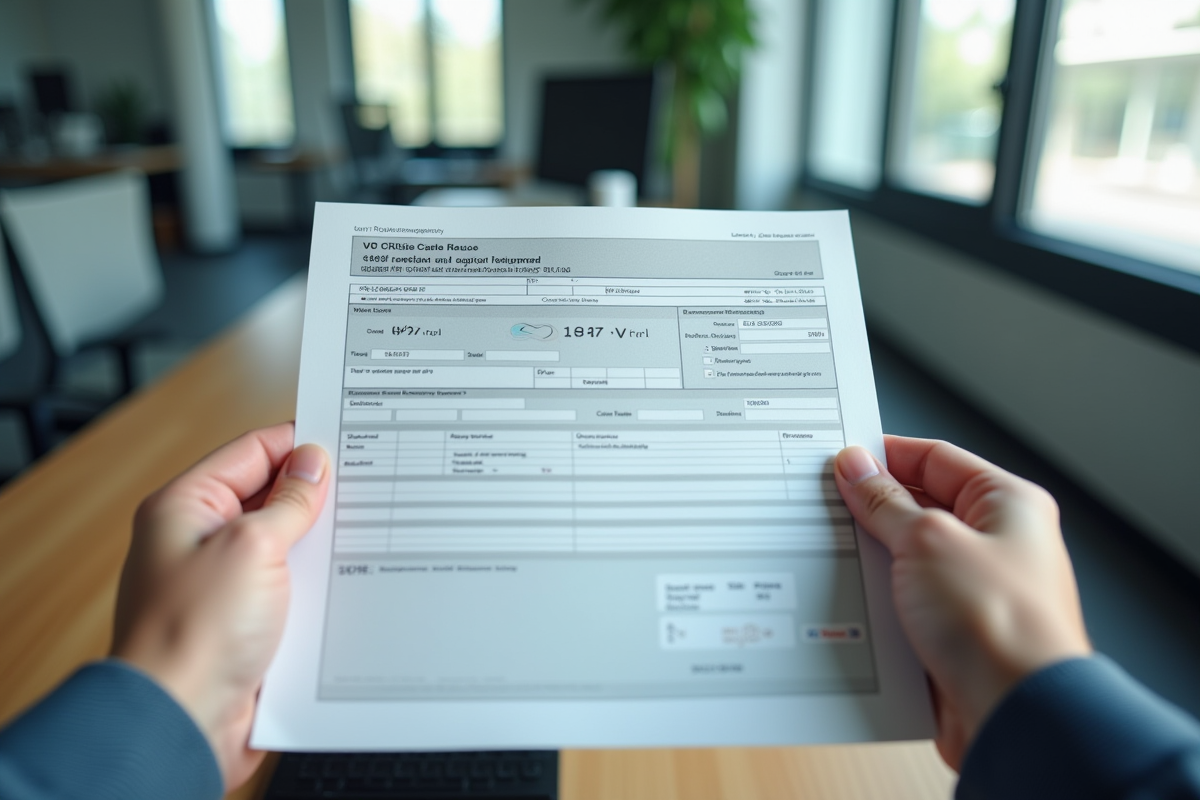 Main tenant une carte grise avec V7 en évidence dans un bureau lumineux