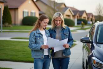 Mère et fils vérifiant des papiers d'assurance devant la voiture