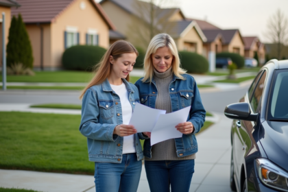 Mère et fils vérifiant des papiers d'assurance devant la voiture