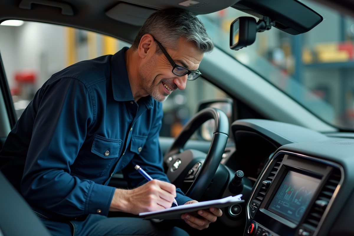 Mécanicien automobile vérifiant le compteur dans un garage