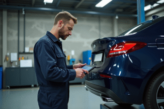 Mécanicien inspectant une voiture en garage moderne