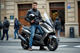 Jeune homme avec casque et scooter Yamaha Tmax 560 en ville