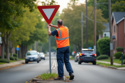 Ouvrier routier posant un panneau de cédez-le-passage
