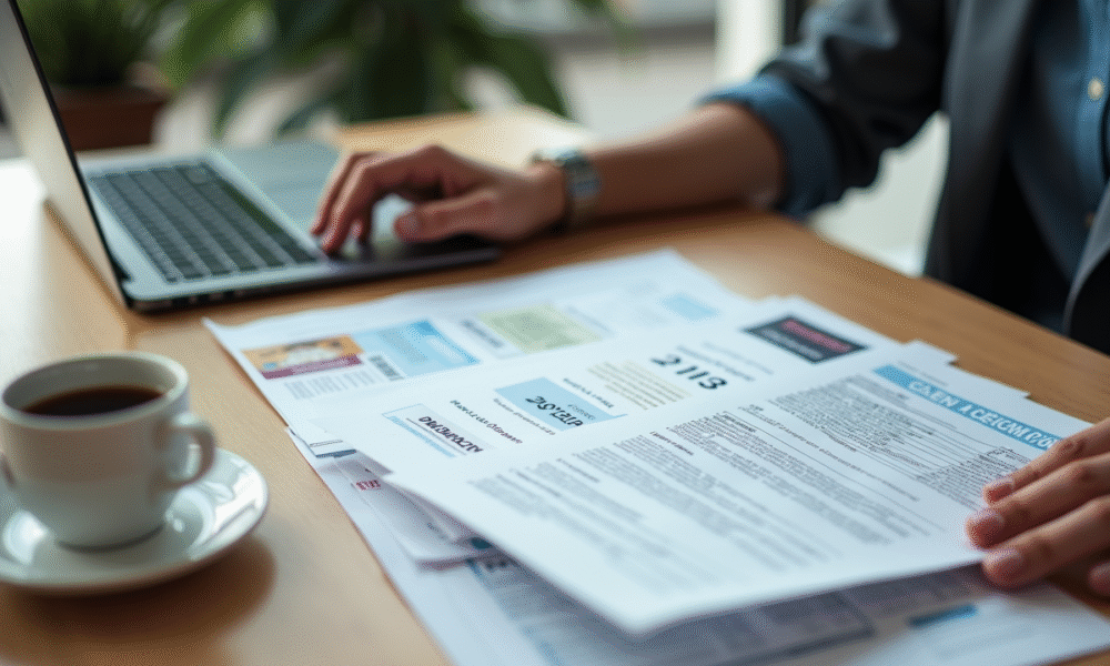 Personne organisant documents importants sur un bureau lumineux