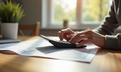 Personne utilisant une calculatrice pour les factures à la maison