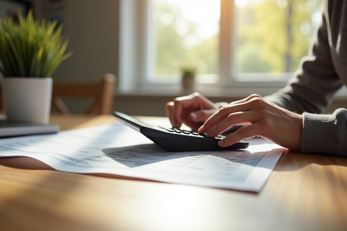 Personne utilisant une calculatrice pour les factures à la maison