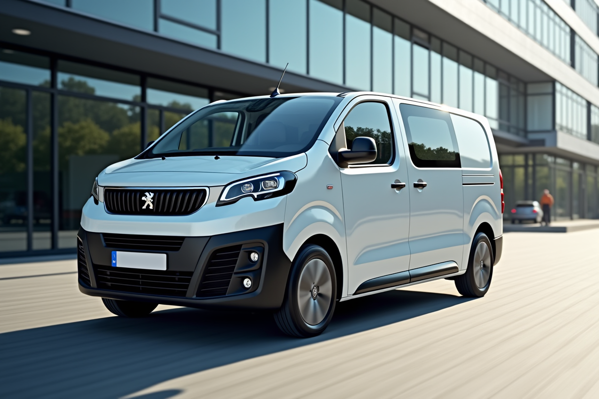 Peugeot Expert 5 places stationné devant un bâtiment moderne