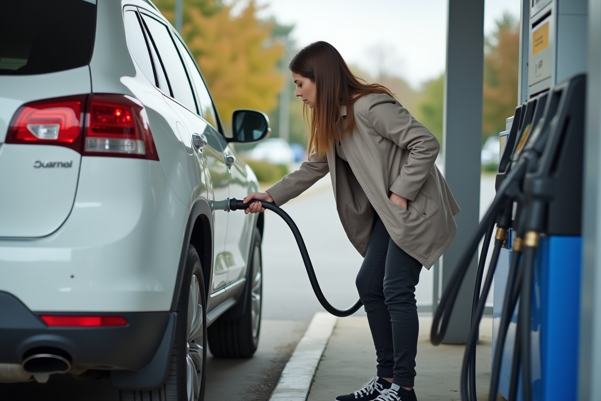 Jeune femme gonflant le pneu de son SUV à une station service