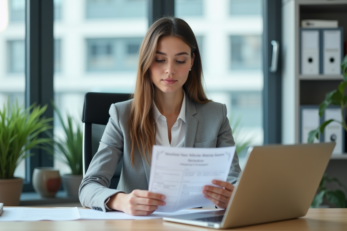 Secrétaire vérifiant un certificat de kilométrage au bureau