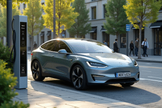 Voiture électrique moderne à une station de charge urbaine
