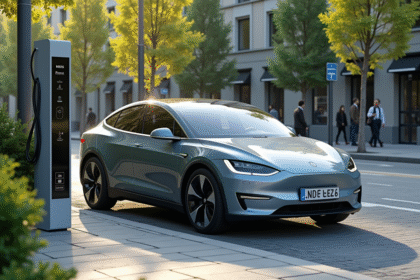 Voiture électrique moderne à une station de charge urbaine
